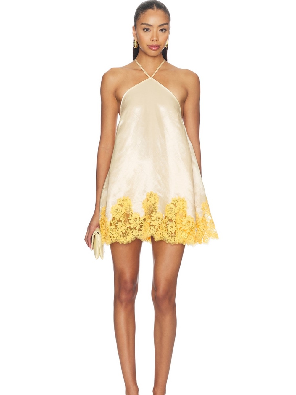 Camila Coelho Cream Halter Mini Dress with Yellow Lace Hem